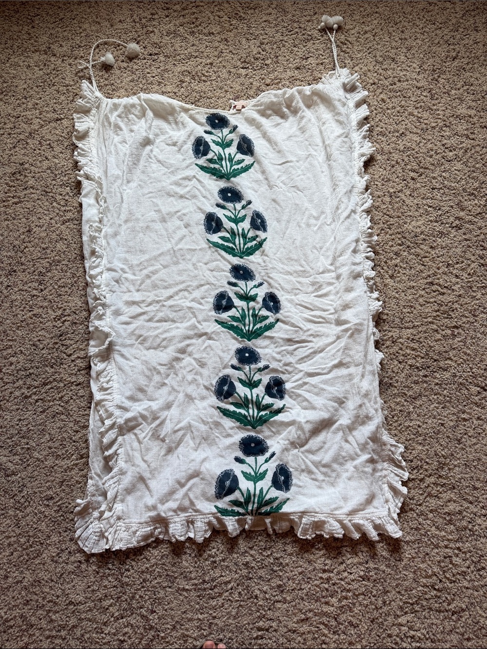 Pink Chicken White Swim Coverup with Navy and Green Floral Embroidery